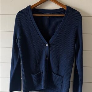 Lands' End Women's Navy Cardigan Cotton Ribbed Small